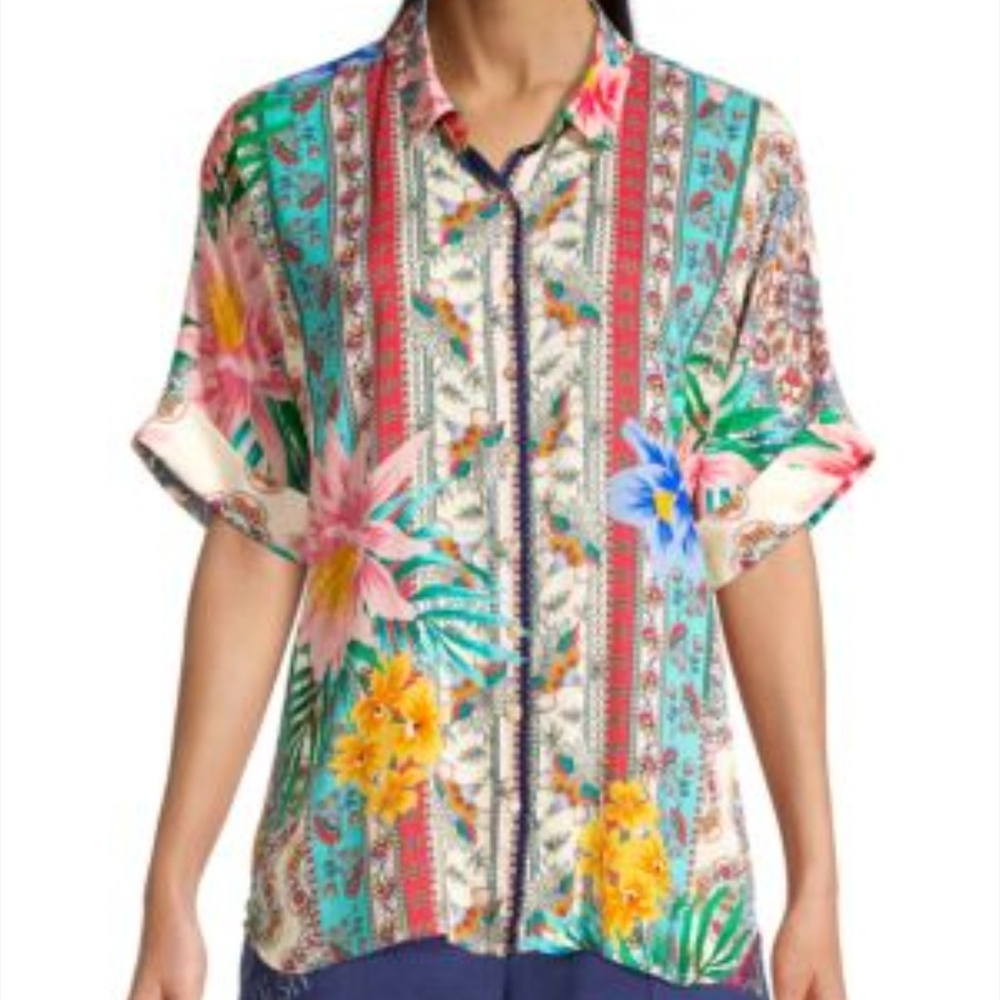 Tropical Floral Button-Up Blouse